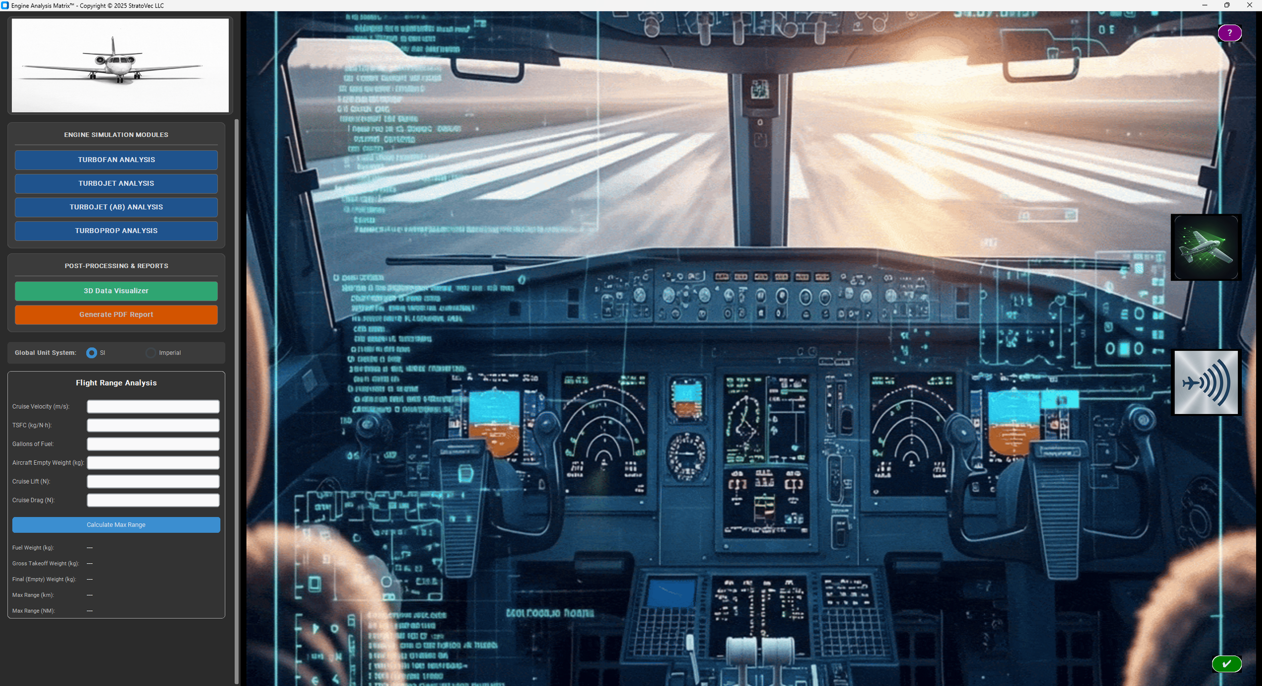 Cockpit view of an airplane on a runway with futuristic digital overlays and data readouts.