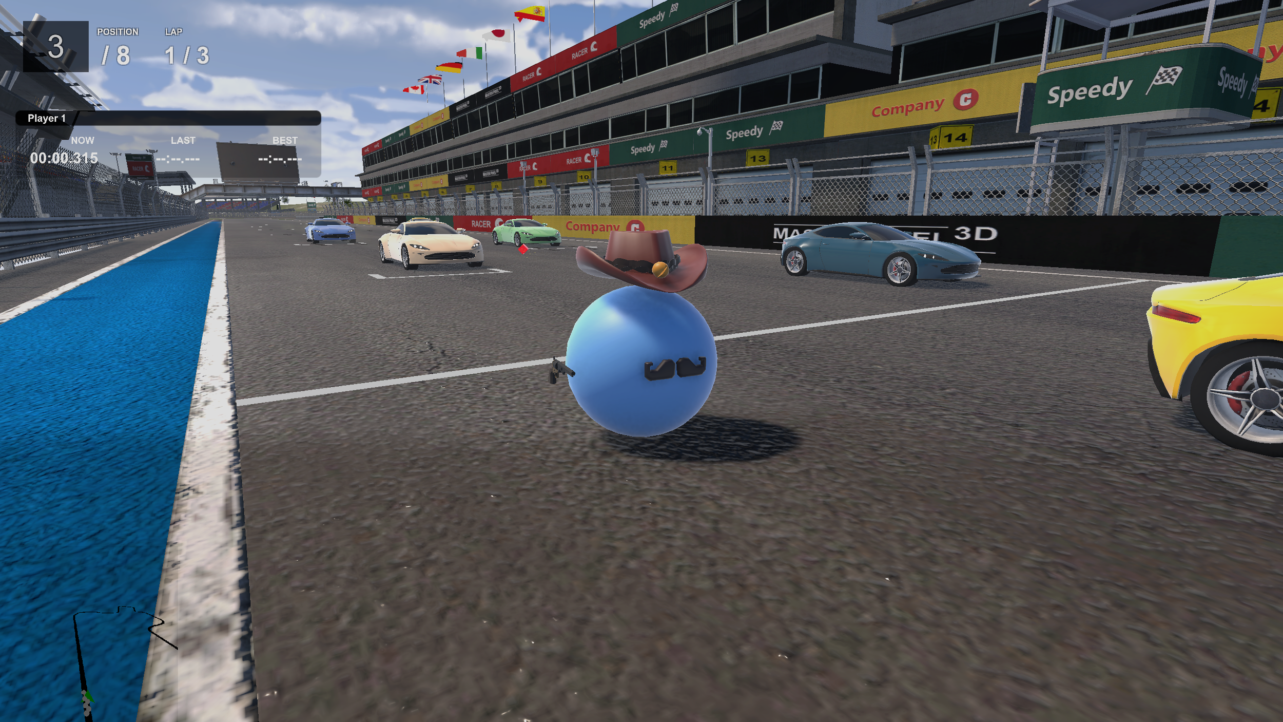 A scene from a racing video game showing luxury cars on a race track, with a cartoonish snowman character wearing a cowboy hat in the foreground.