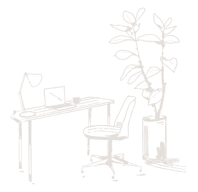 Line drawing of a workspace with a desk, a chair, a desk lamp, a laptop, and a large potted plant.