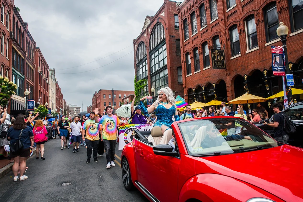 Drag queen madam zapple leading the Haverhill Pride parade in 2025