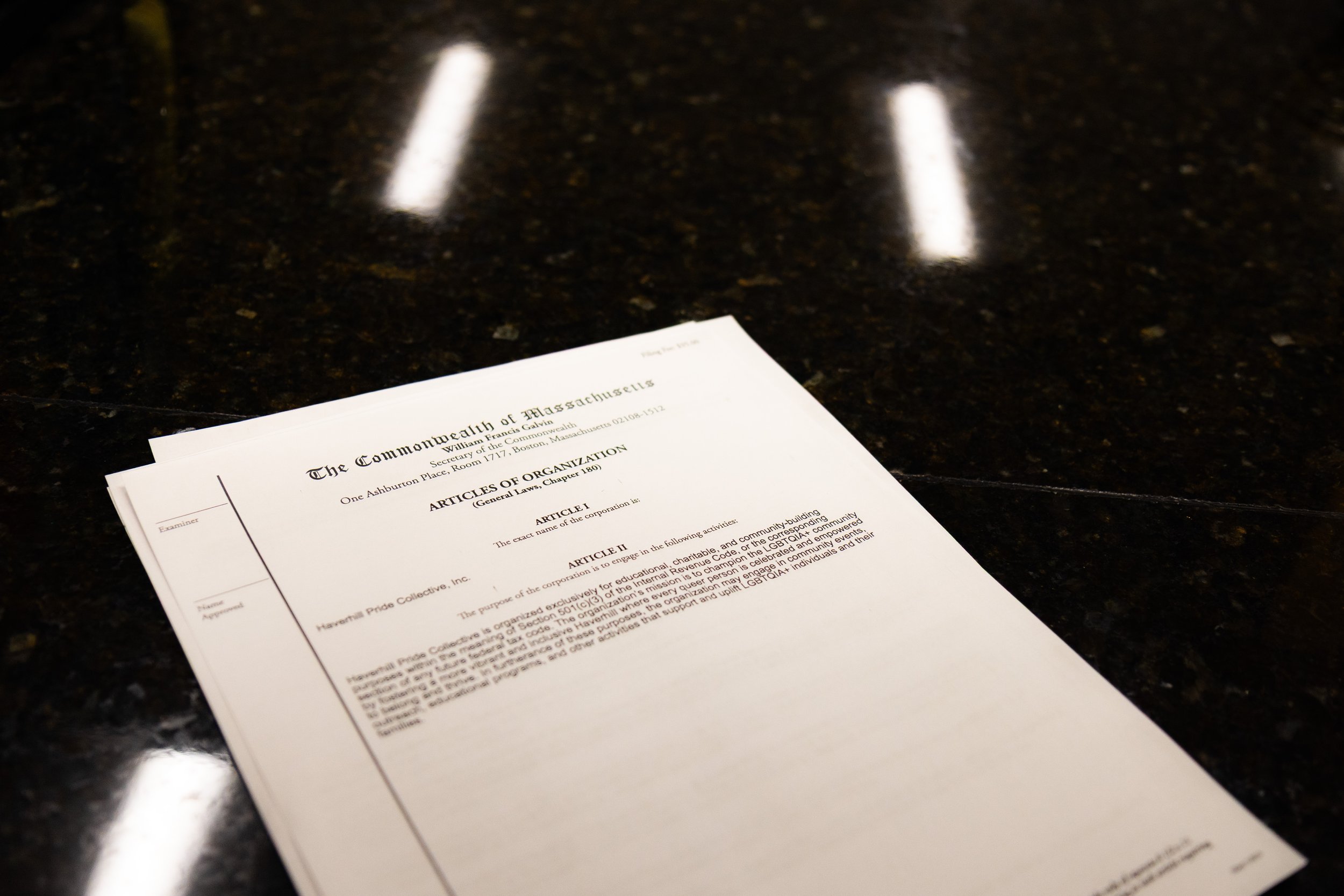 Haverhill Pride Articles of Organization paperwork