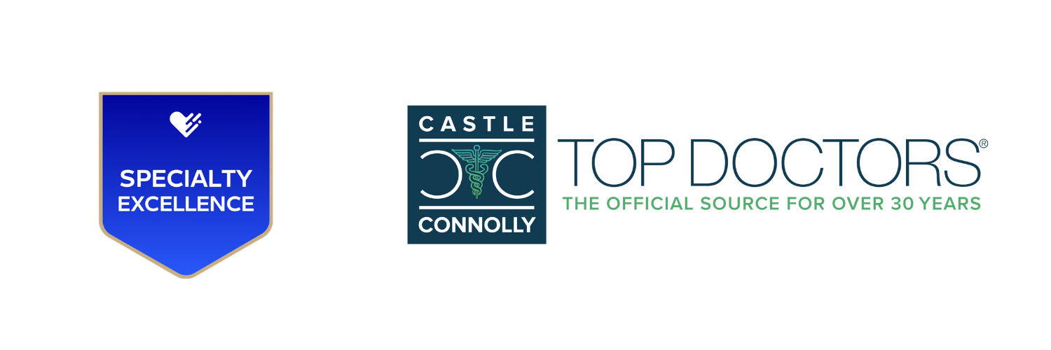 The image contains a bluish badge with a white heart icon and the text 'Specialty Excellence', a logo with a design that includes the words 'Castle Connolly', and partially visible text that reads 'Top Doctors.'