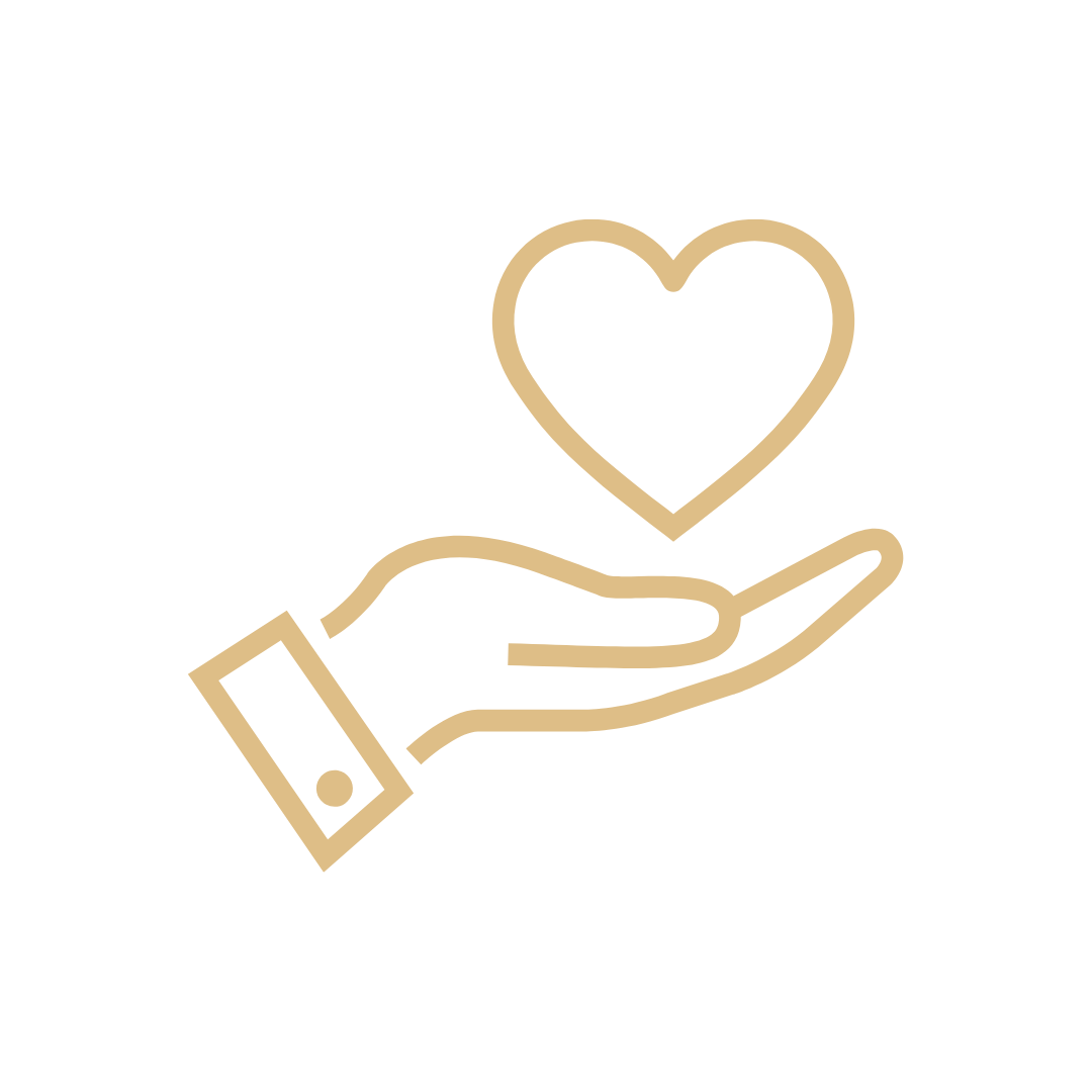 Outline of a hand with a cuff, holding a heart symbol above it, on a black background.