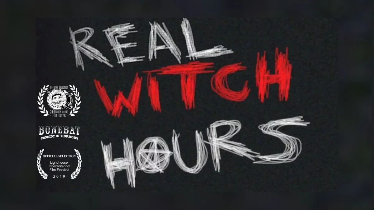 Title card for a horror film called 'Real Witch Hous' with awards and festival selections on the left side.