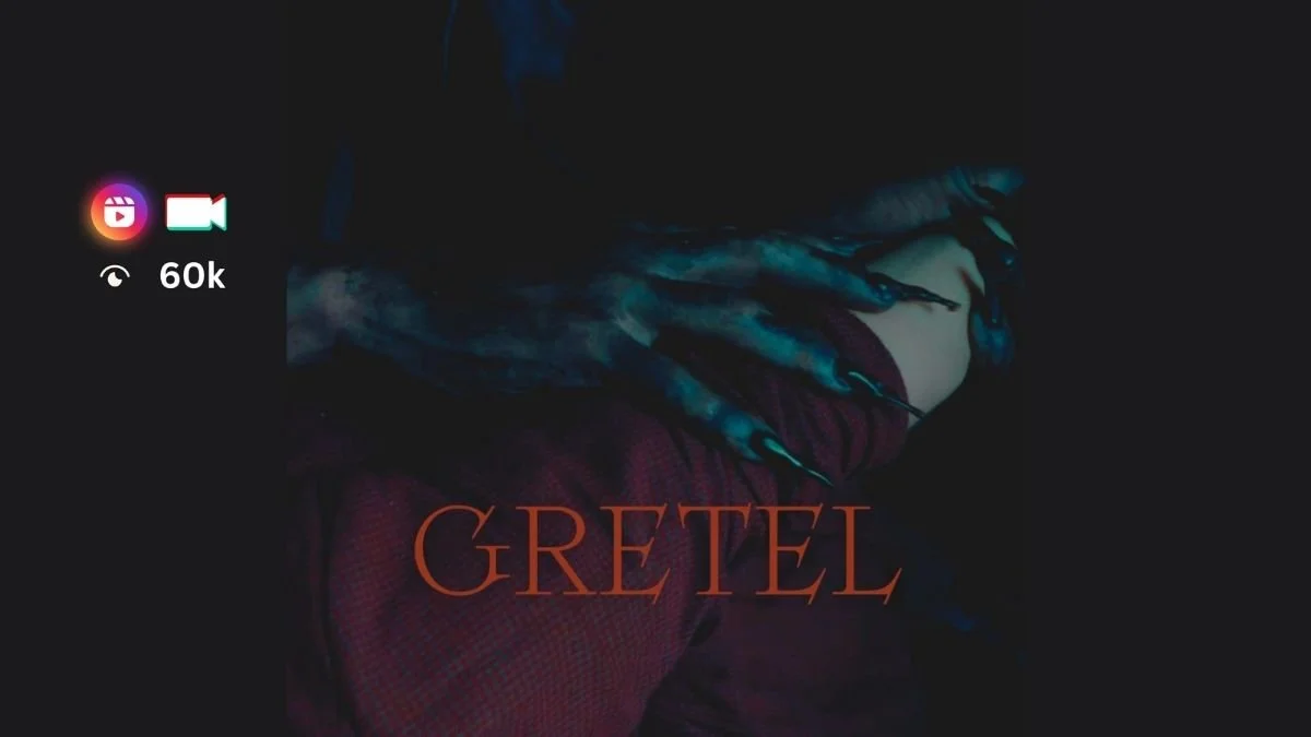 A witch in dark clothing has their arm on a person lying down, with a blue and black tattooed hand. The word 'GRETEL' is overlaid in red text.