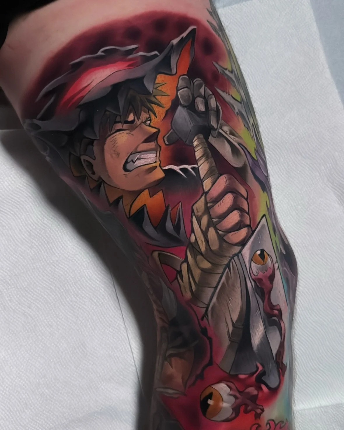 Finished off Chucks leg sleeve with Guts! Can&rsquo;t wait to show the whole thing! Thanks so much for the dedication over the years bud, means the world to me 🙏🏻
.
.
.
.
#berserker #berserktattoos #gutsberserk #kentaromiura #animetattoos #animemas