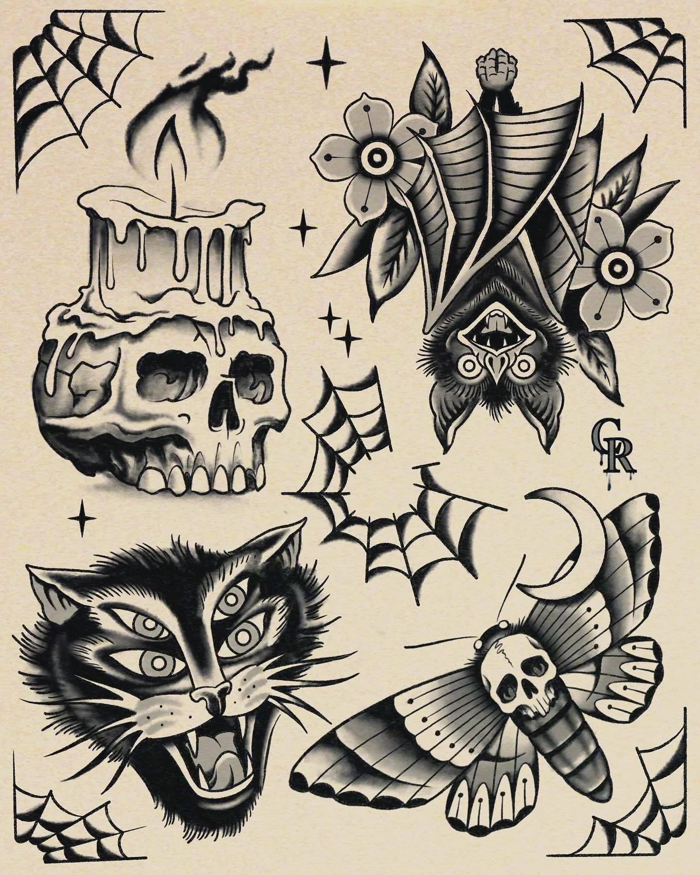 🎃 Halloween flash 🎃 Still have a few days in October for any of these or the previous flash I&rsquo;ve posted. Send me a message if any strikes your fancy! 
.
#halloween25 #halloween2025 #halloweenflash #tattooflashart #illustrationdesign #tattoofl