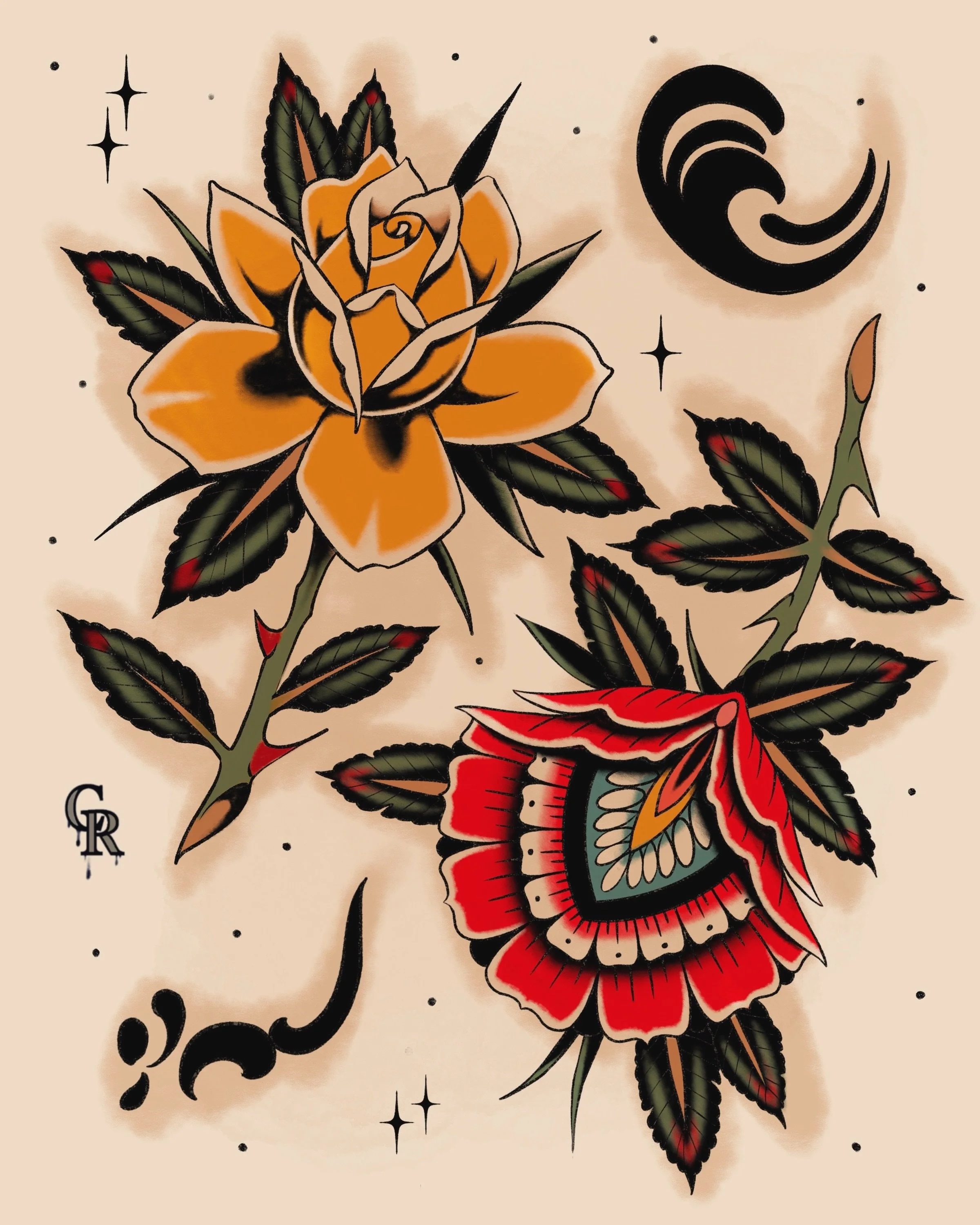 Drew up some new flash, and an update on available designs. ⚡️ These are all available at a slight discount as they&rsquo;re tattoos that I would love to make. 🌞 Send me a message if you think one&rsquo;s cool and want to give them a proper home.
.
