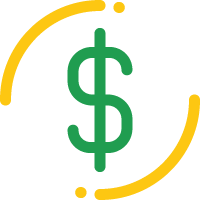Green dollar sign with yellow curved line on black background.