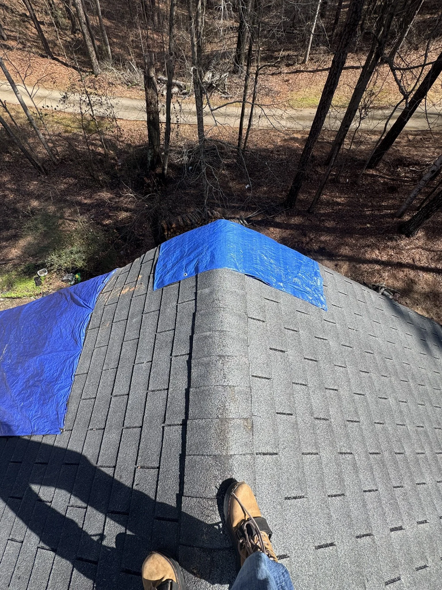 Photograph taken from a rooftop showing a person's feet in brown work boots and jeans, with a black asphalt shingle roof and a blue tarp secured with metal fasteners. The background features a wooded area with leafless trees and a winding dirt path.
