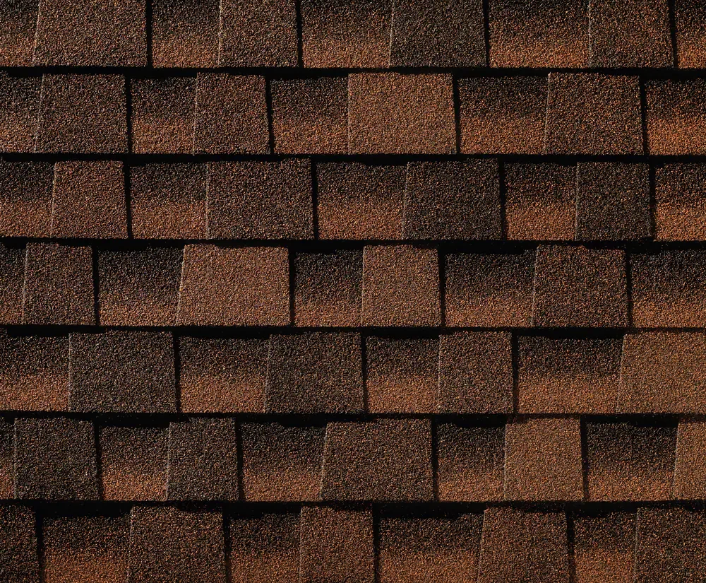 Close-up of brown asphalt shingles on a roof.