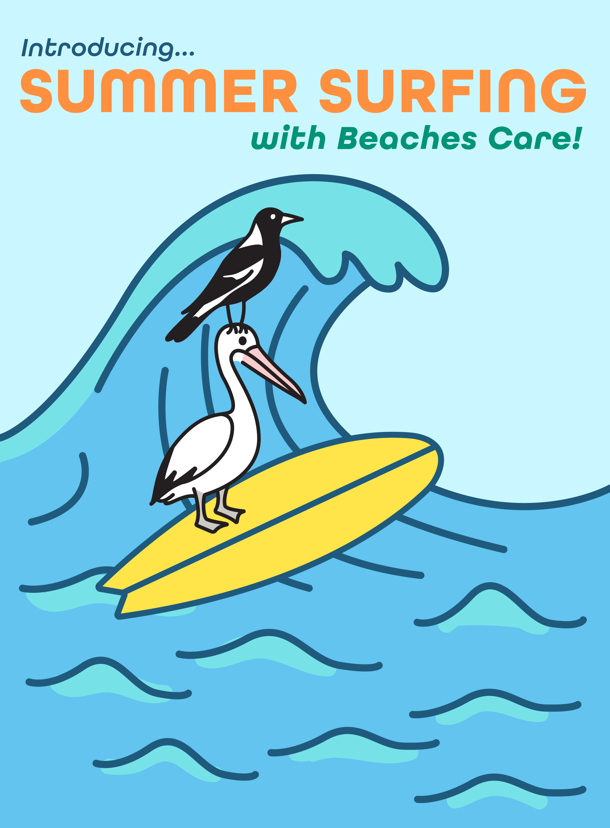 A colorful cartoon illustration of a yellow surfboard with a pelican standing on it, and a mgpie perched on the pelican's head, riding on a wave.
