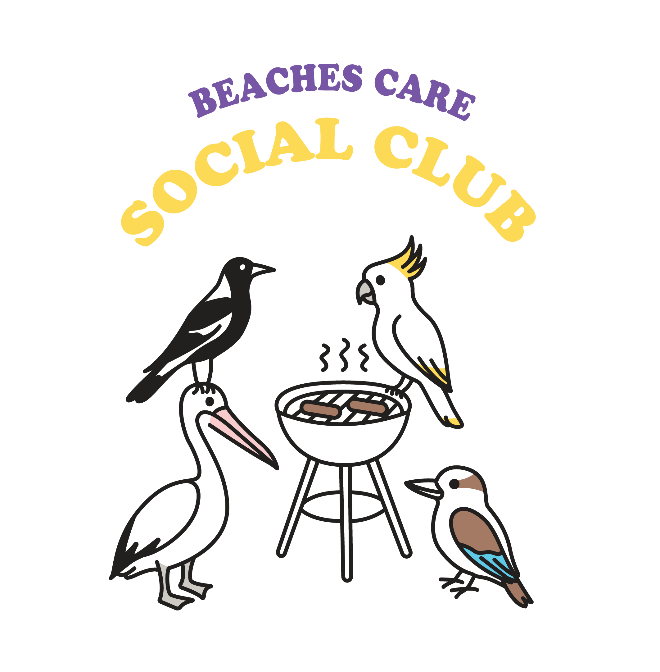 Graphic for Social Club featuring illustrations of four birds around a barbecue grill with sausages, with the club name in purple and yellow text.