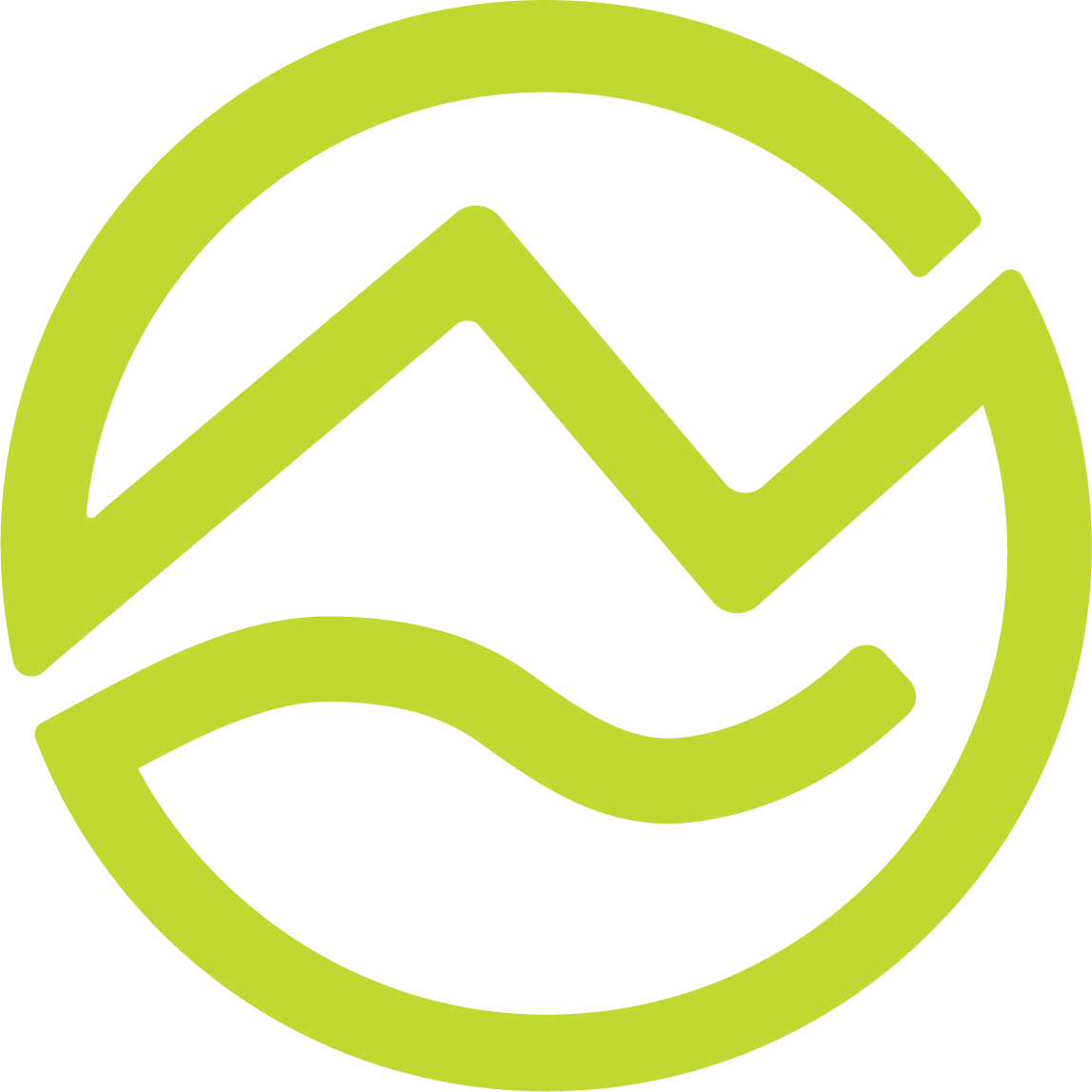 A green circular logo with a mountain wave design and a small circle above.