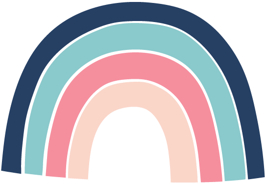 A colorful, stylized rainbow with five arches in pastel shades of blue, pink, beige, and dark blue