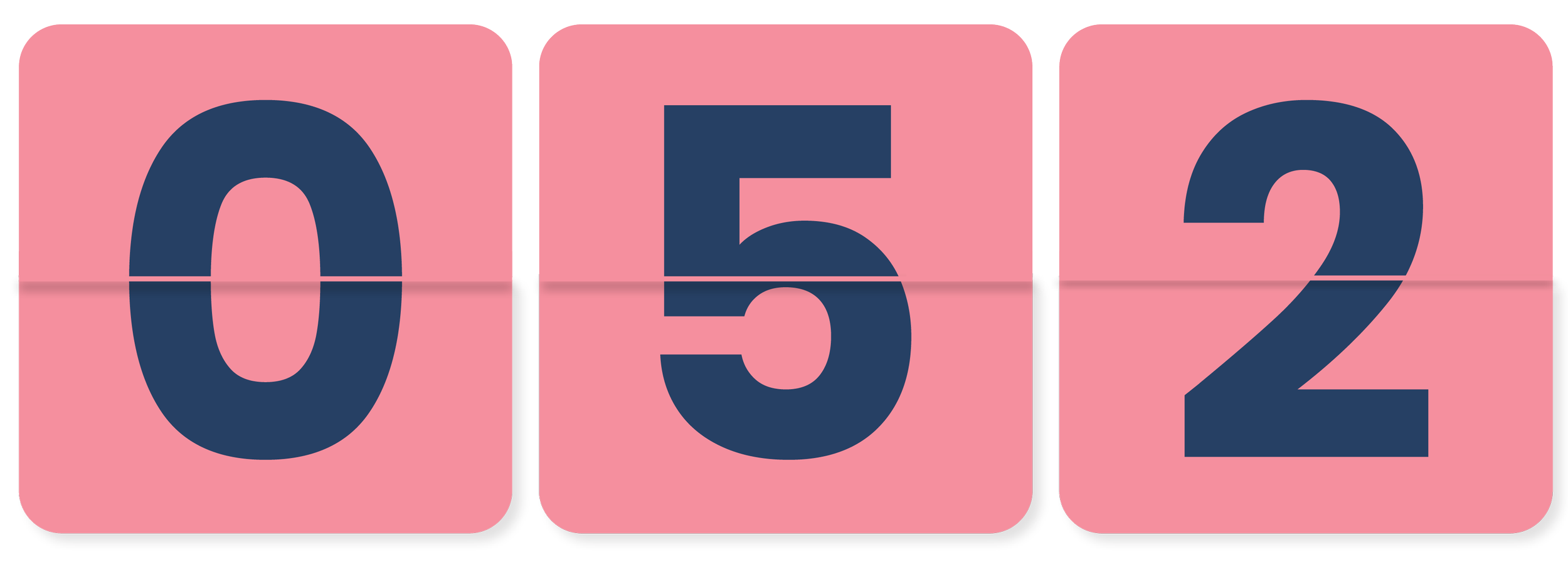 Pink rotating flip clock displaying the numbers 0, 5, and 2 in dark blue.