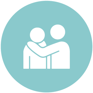 Two people hugging, depicted with simple line art inside a light blue circle.