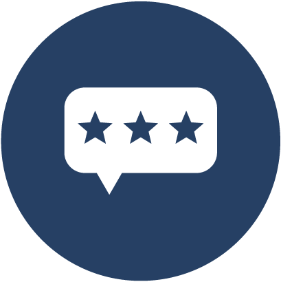 Review icon with three stars inside a speech bubble on a dark blue background.