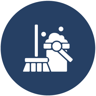 An icon of cleaning tools including a mop, bucket, and a spray bottle.
