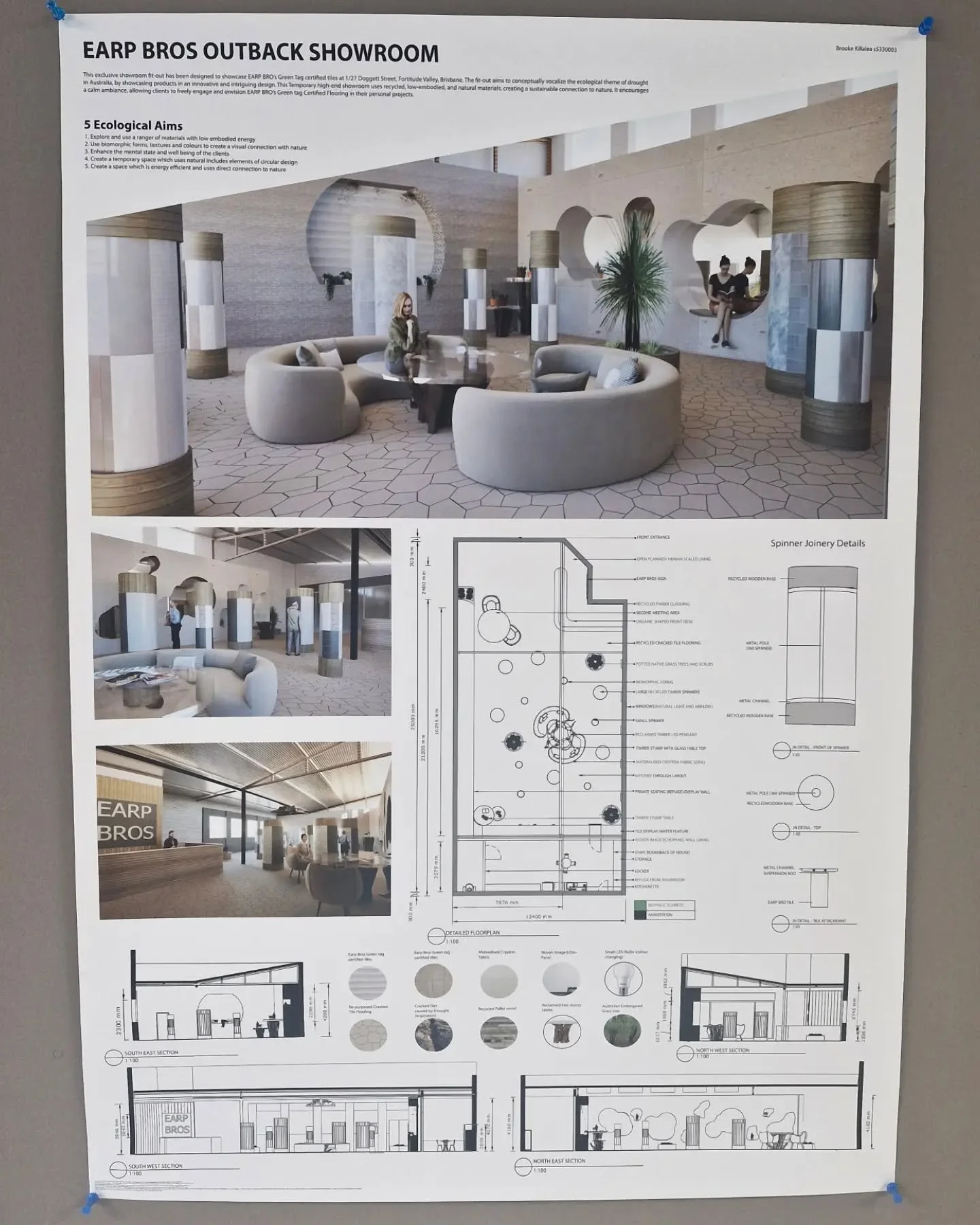 My completed Earp Bros green tag certified tiles showroom proposal for fortitude valley. This showroom has a focus on using natural, low embodied and recycled materials to construct a high end experience for the clients. 

This project was alot of fu