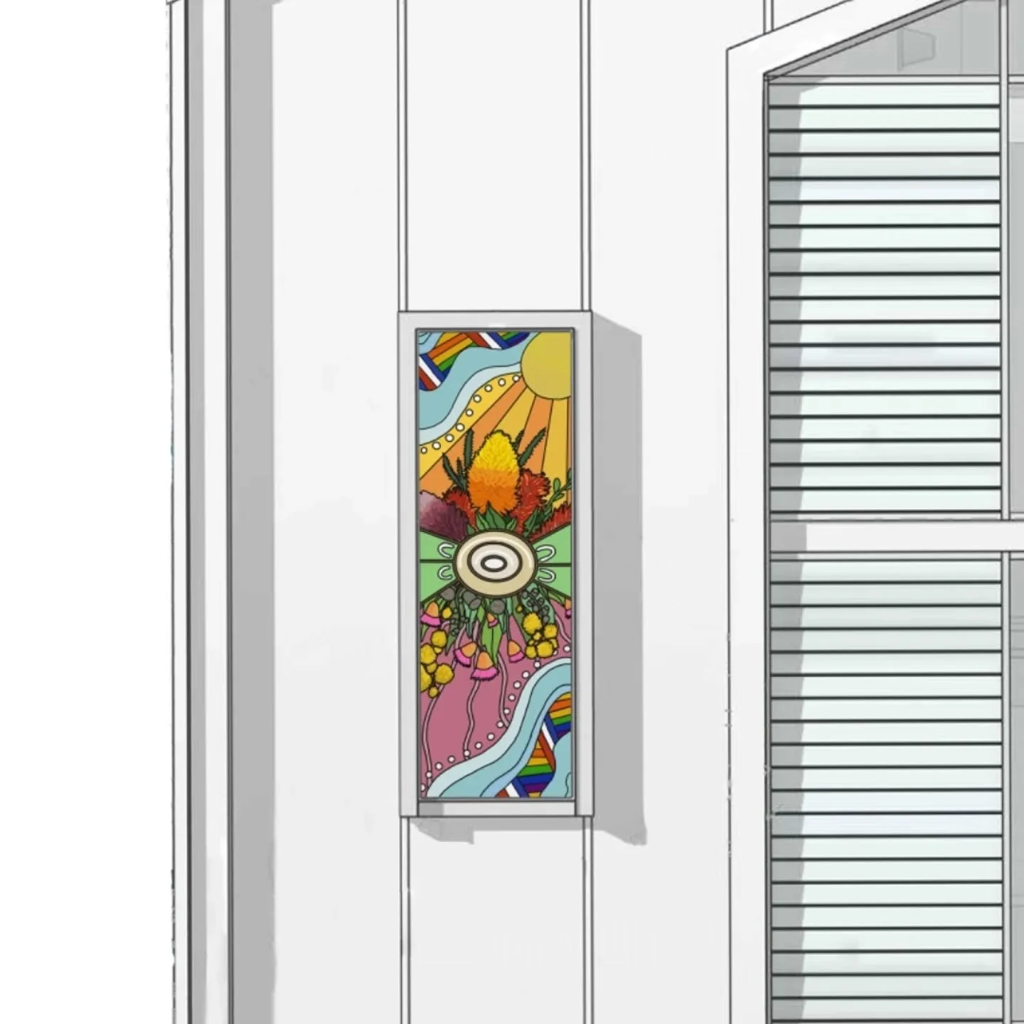 Unity by Brooke Killalea
Unity is a contemporary Indigenous design that plays tribute to the families effected by activities and events of war. This design was created as a proposal for the new Legacy house entry way window opening soon in Brisbane.