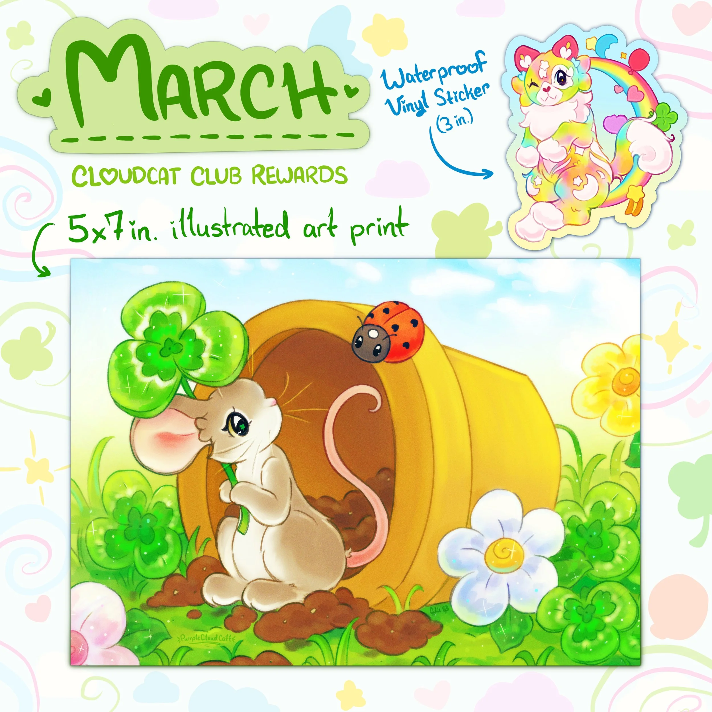 Cloudcatt Club Rewards-- Lucky Garden Friends (March Print + Sticker Bundle)