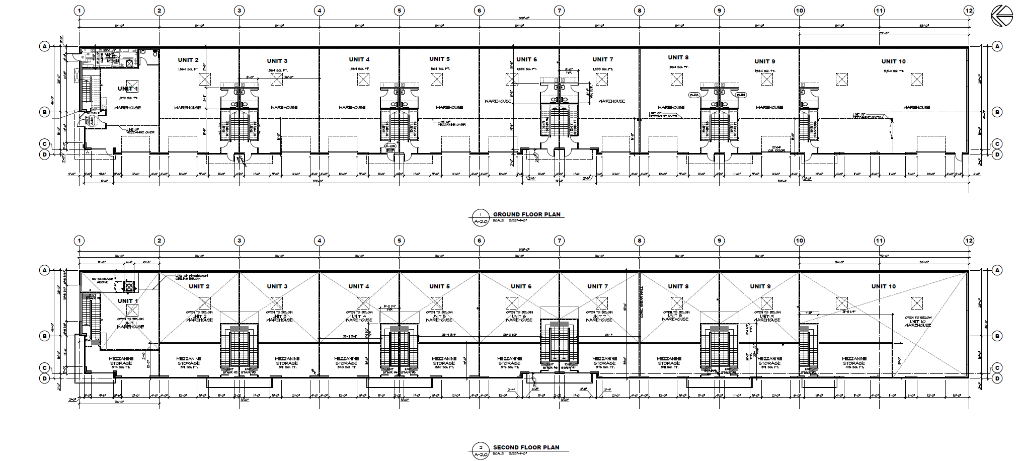 Architectural blueprints showing ground and second floor plans for a multi-unit warehouse building.