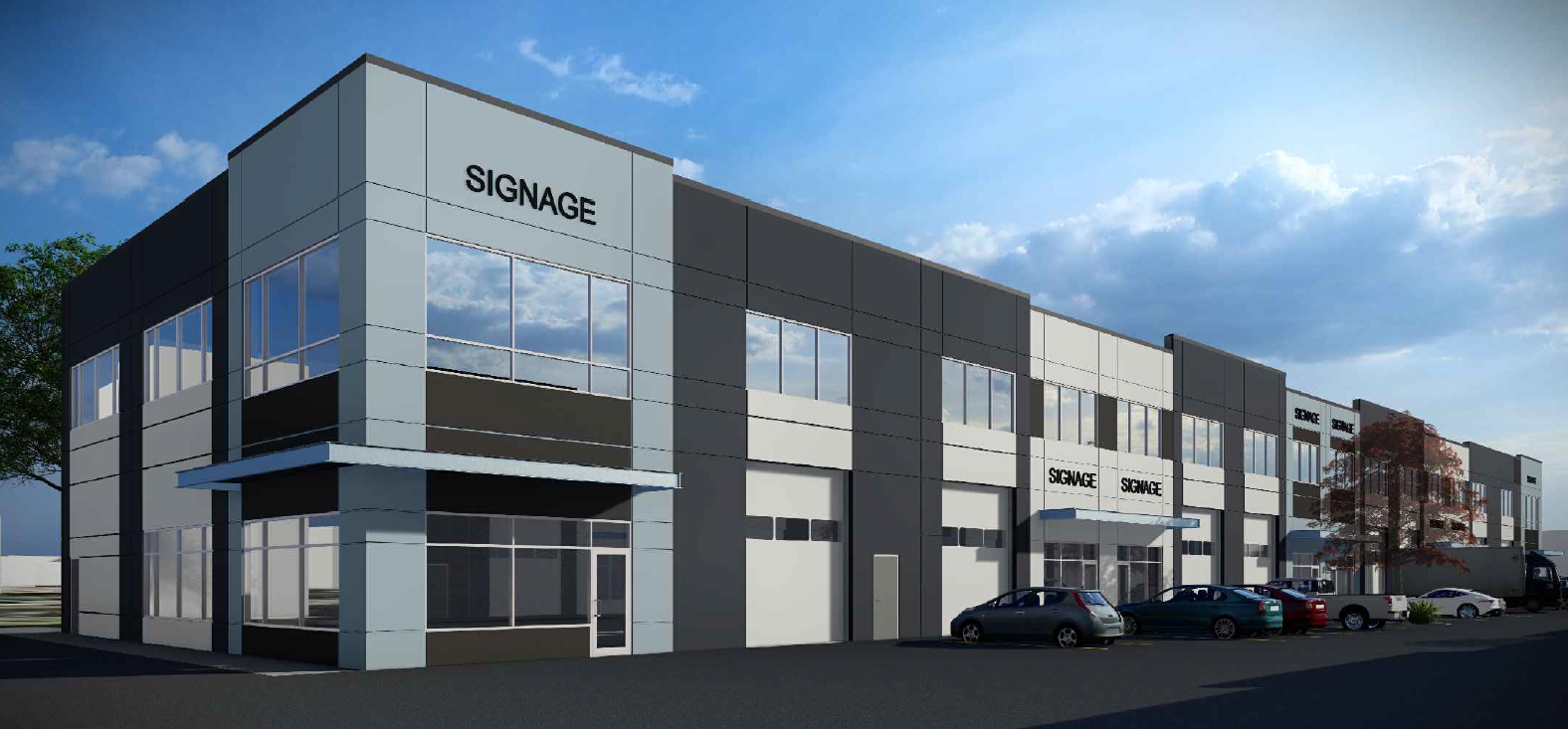 A modern commercial building with multiple storefronts labeled 'Signage', featuring large glass windows, parking spaces, and a few cars parked in front. The sky is partly cloudy with some trees visible.