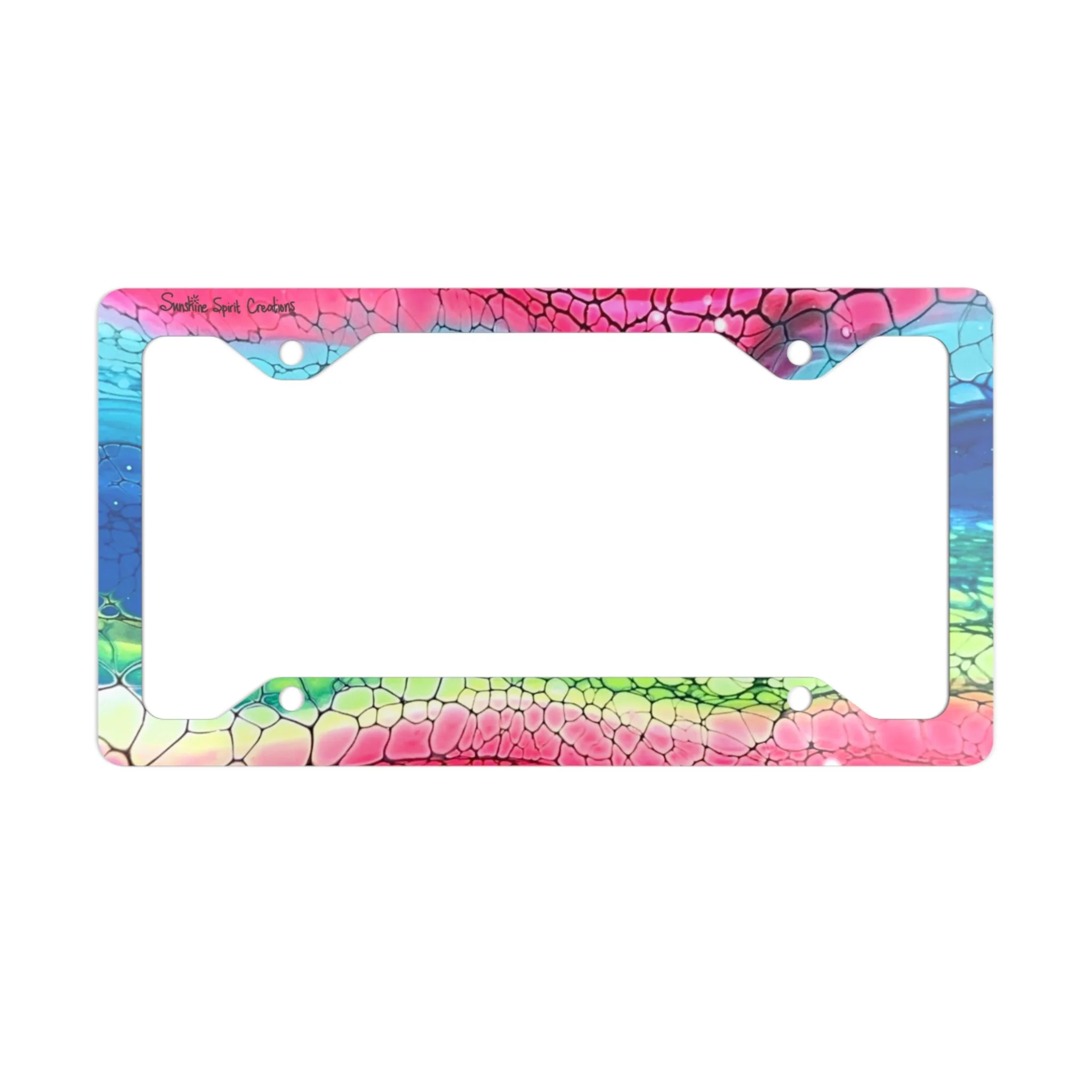 Colorful Scales Metal License Plate Frame — Vibrant Pink Blue Green Snakeskin Design