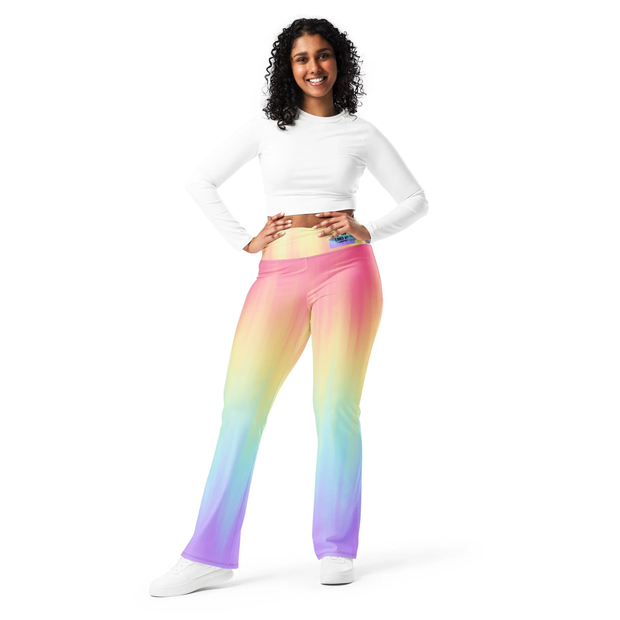 Pastel Rainbow Flare Leggings — With Scripture (1 John 4:19) — Activewear