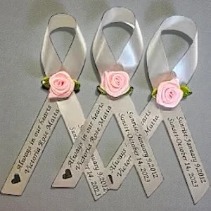 Custom Memorial gifts, ribbons for funerals or memorials as a keepsake