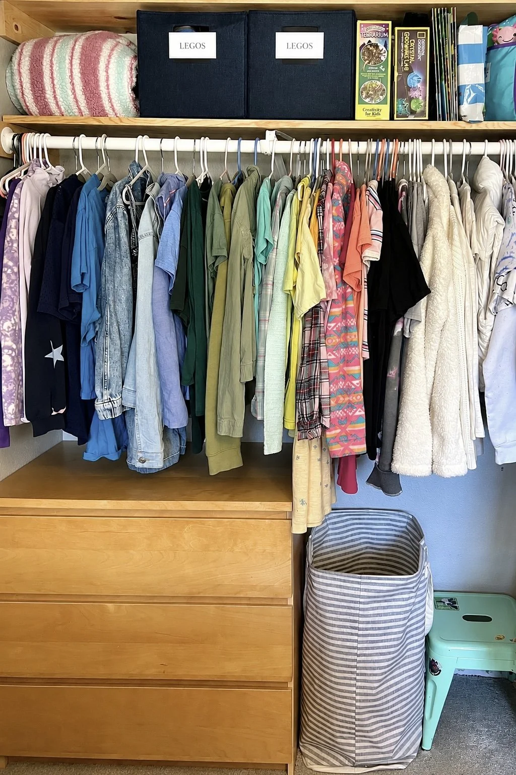 Organized clothing closet with grouped clothing and labeled storage