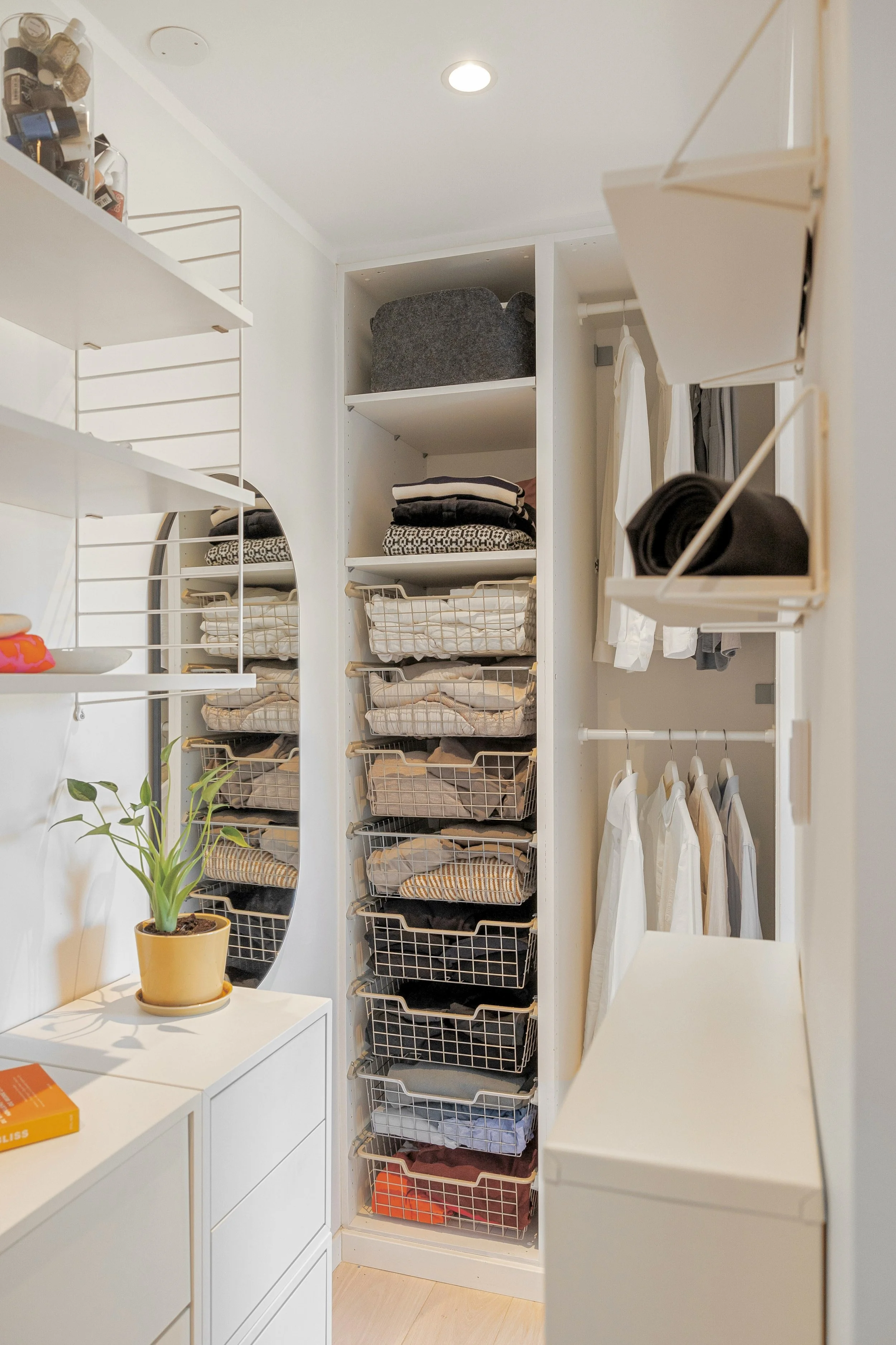 Closet with organized shelves and bins containing clothes, a mirror, a potted plant, and hanging clothes.