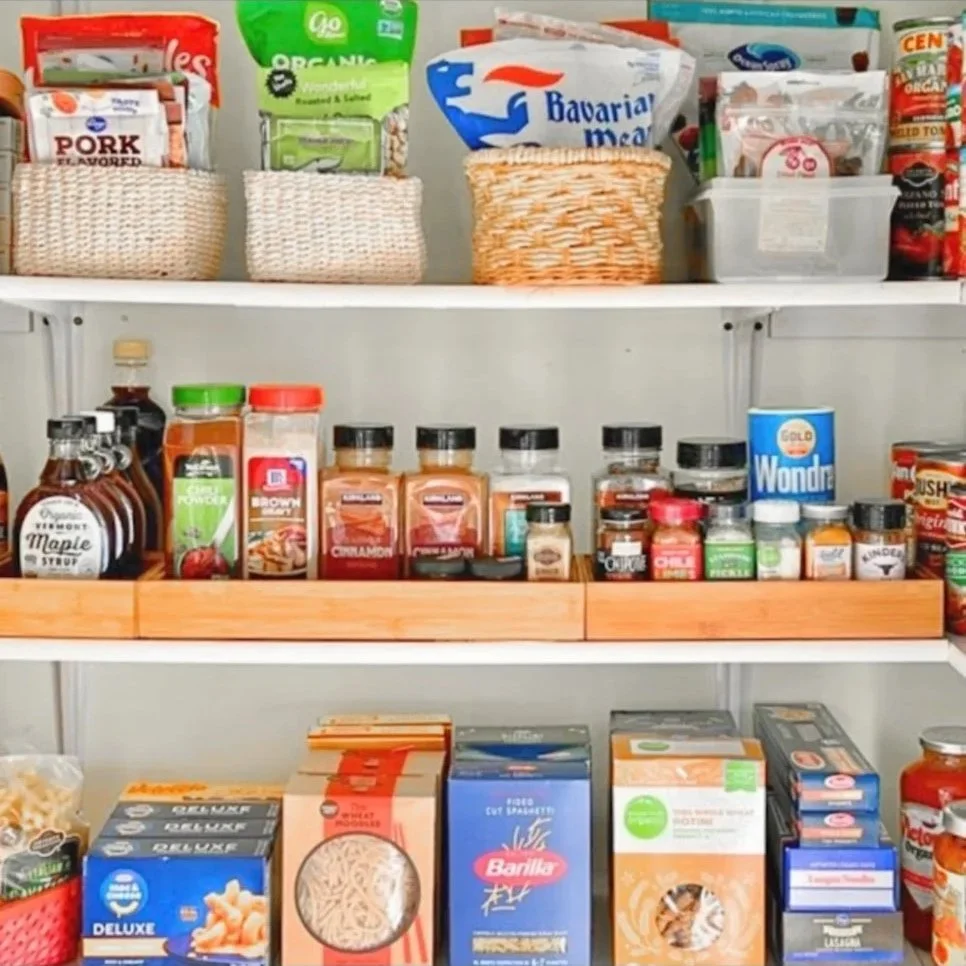 Organized pantry with labeled food categories and accessible storage
