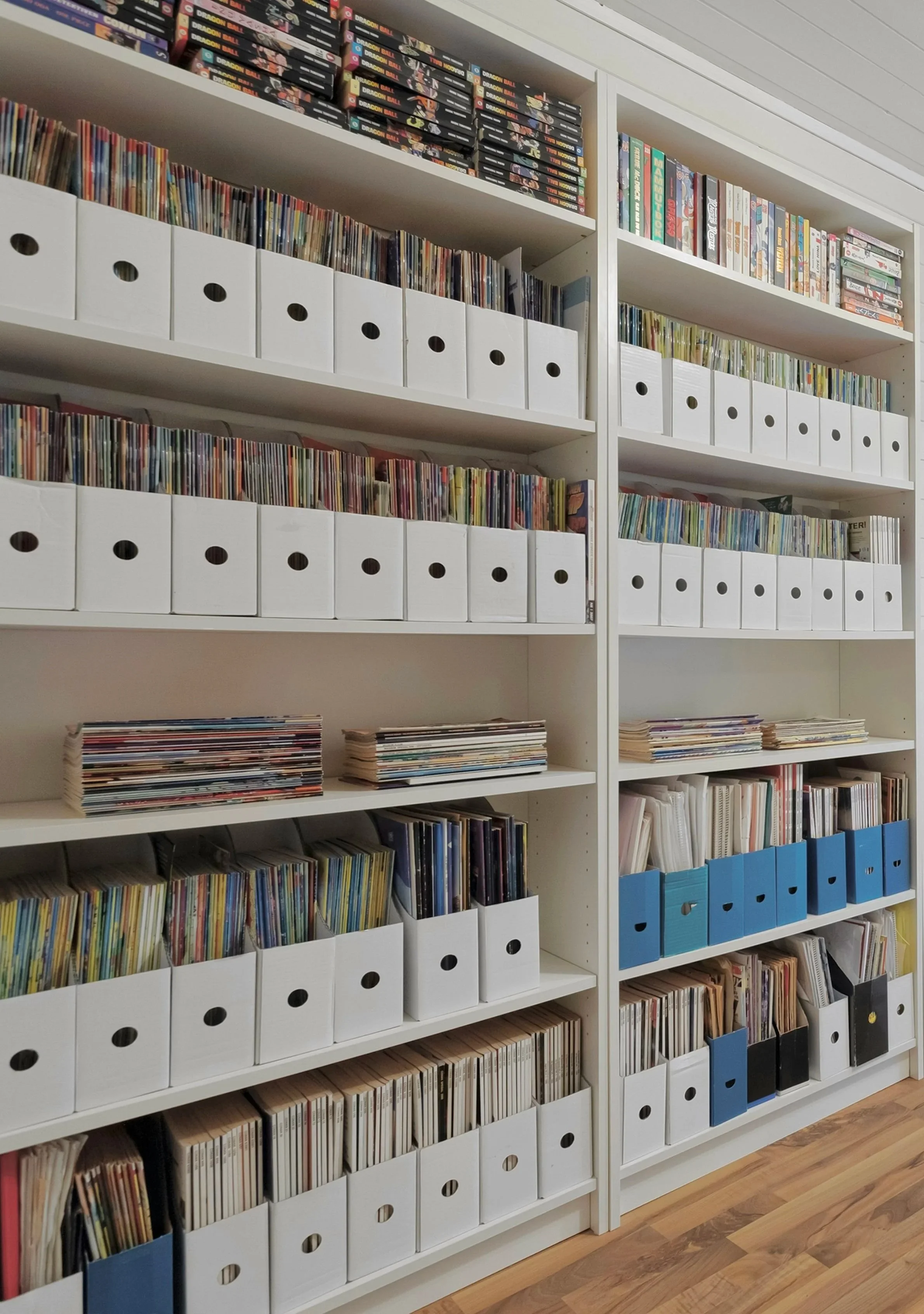 Organized white bookshelves with labeled binders and magazines as part of a home office organization project.