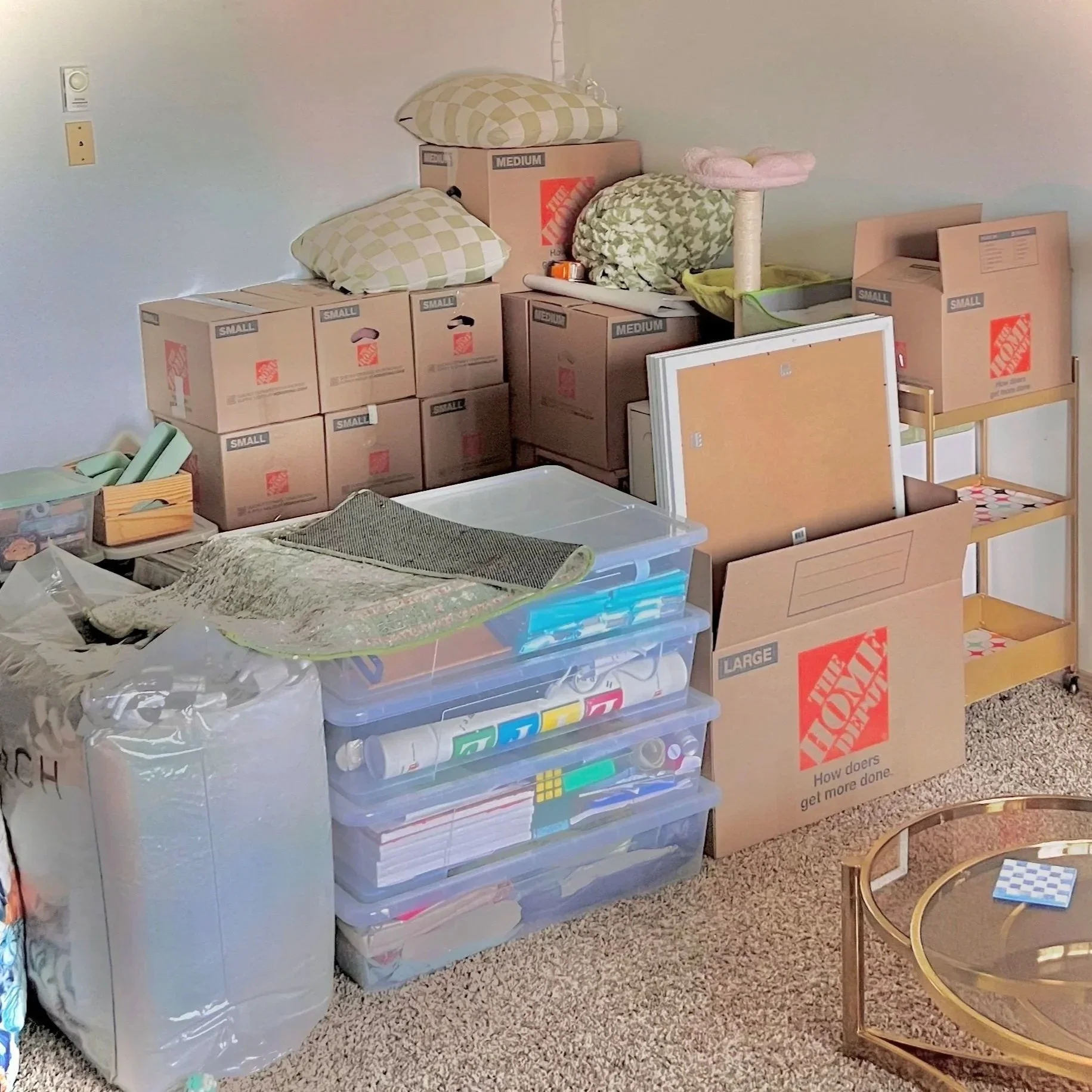 Home organizing project in Bellingham, WA featuring moving boxes and storage bins during a packing and decluttering session.
