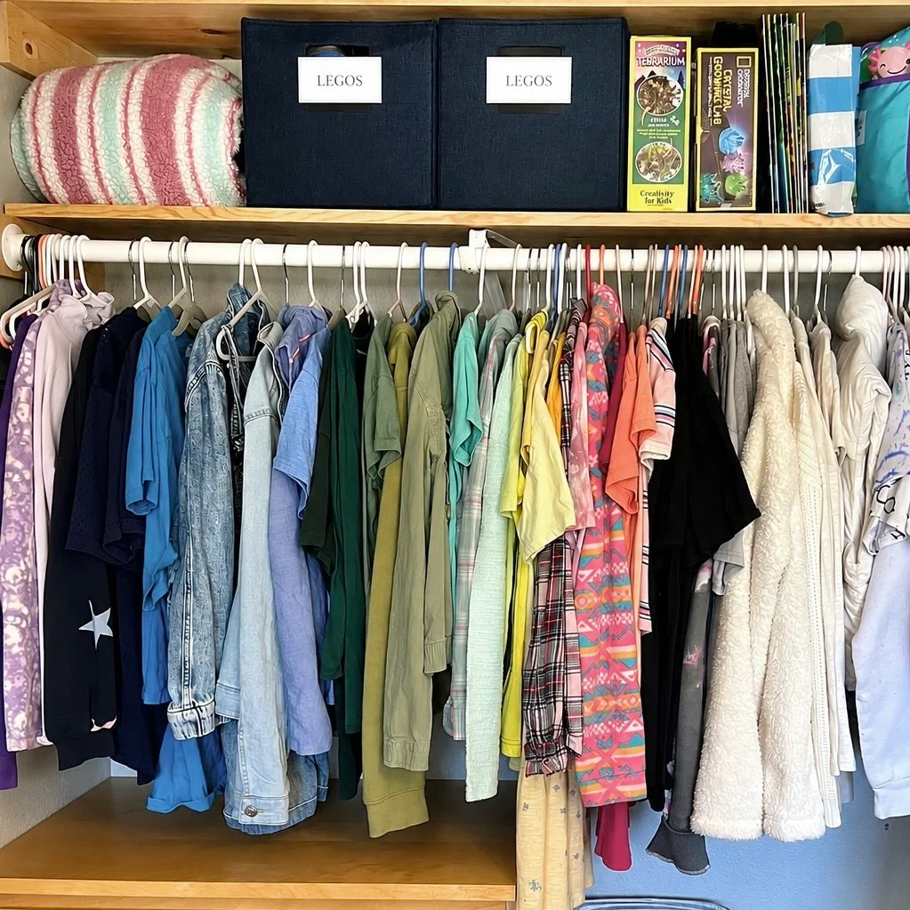 Organized closet with clothing sorted and arranged category and color