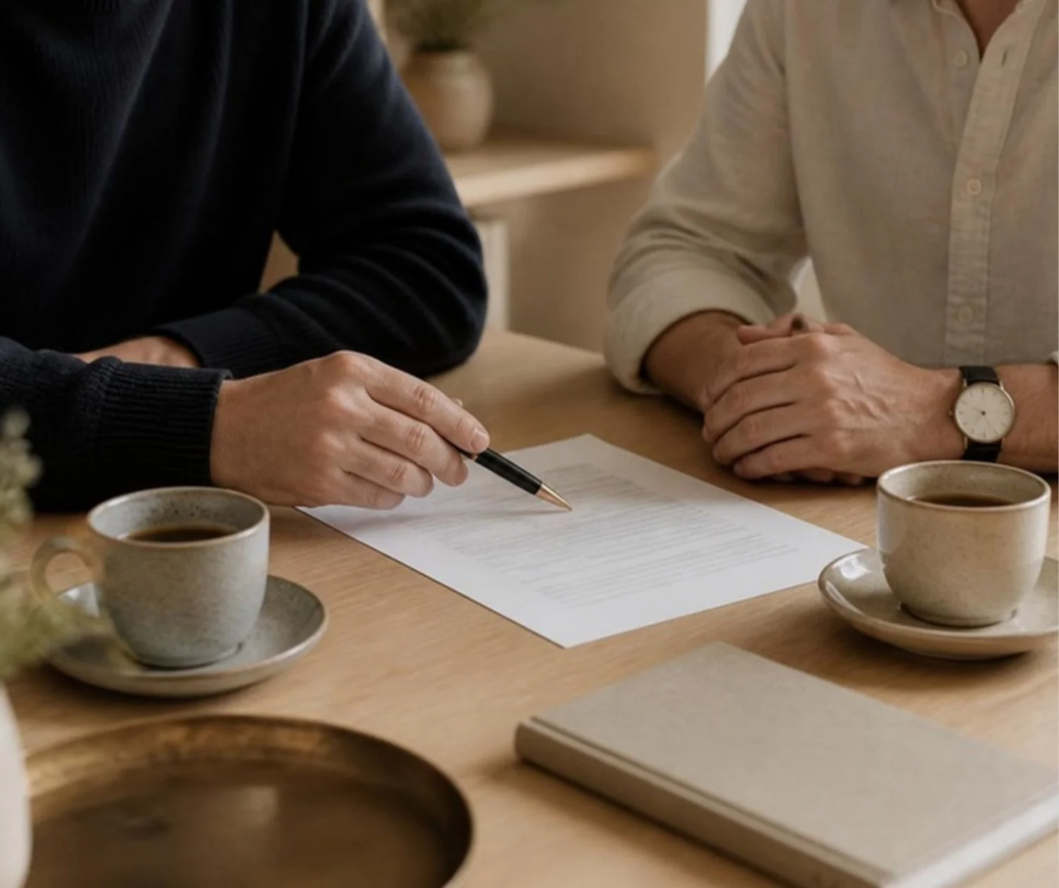 A lawyer in a navy jumper talking a business owner through a printed agreement over coffee