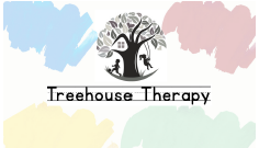 Logo for Treehouse Therapy featuring a tree with branches and roots, and a silhouette of a person sitting under the tree, with colorful abstract backgrounds.