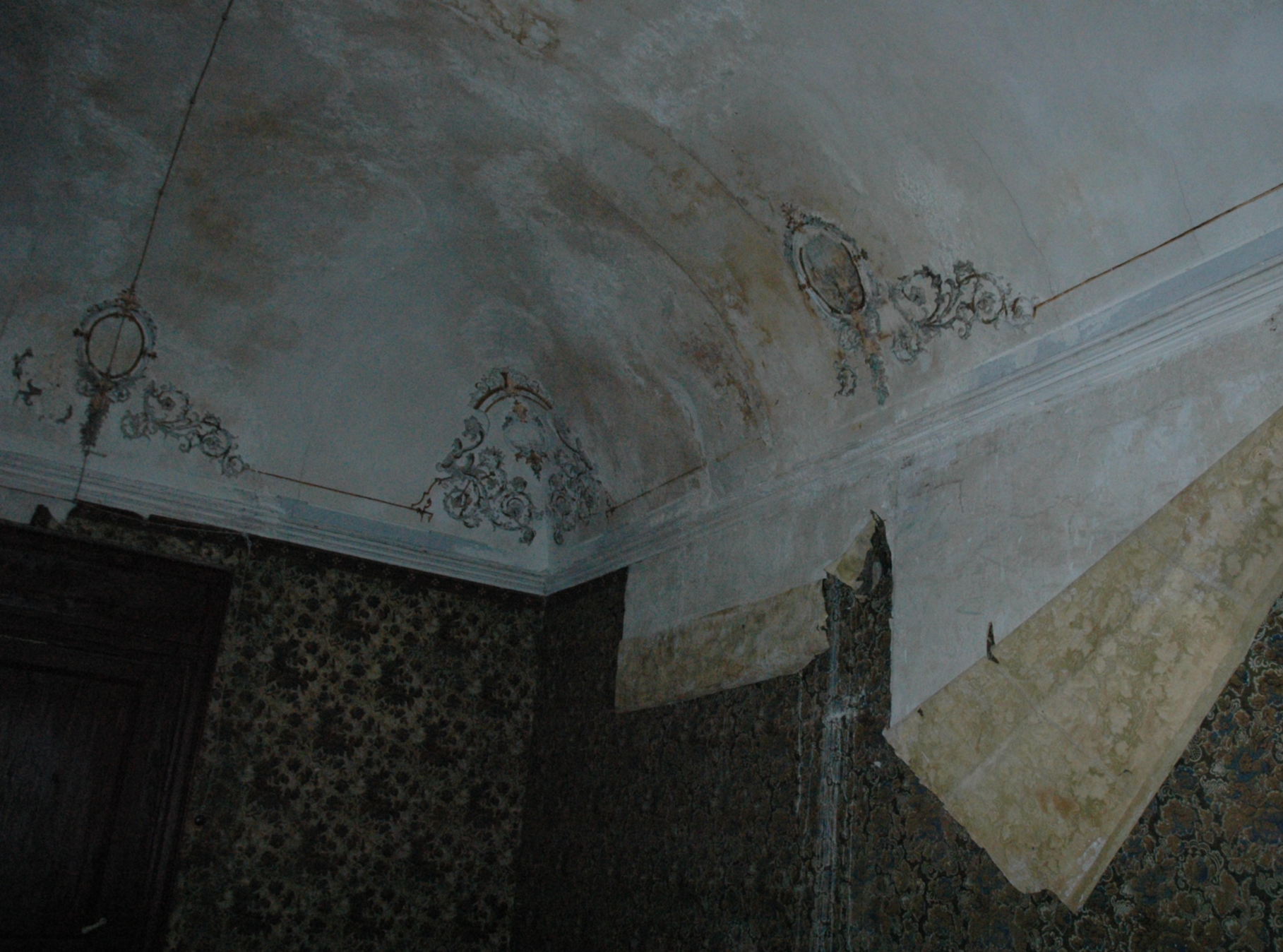 Ceiling with faded decorative molding and wallpapered walls, partially damaged, in an old room.