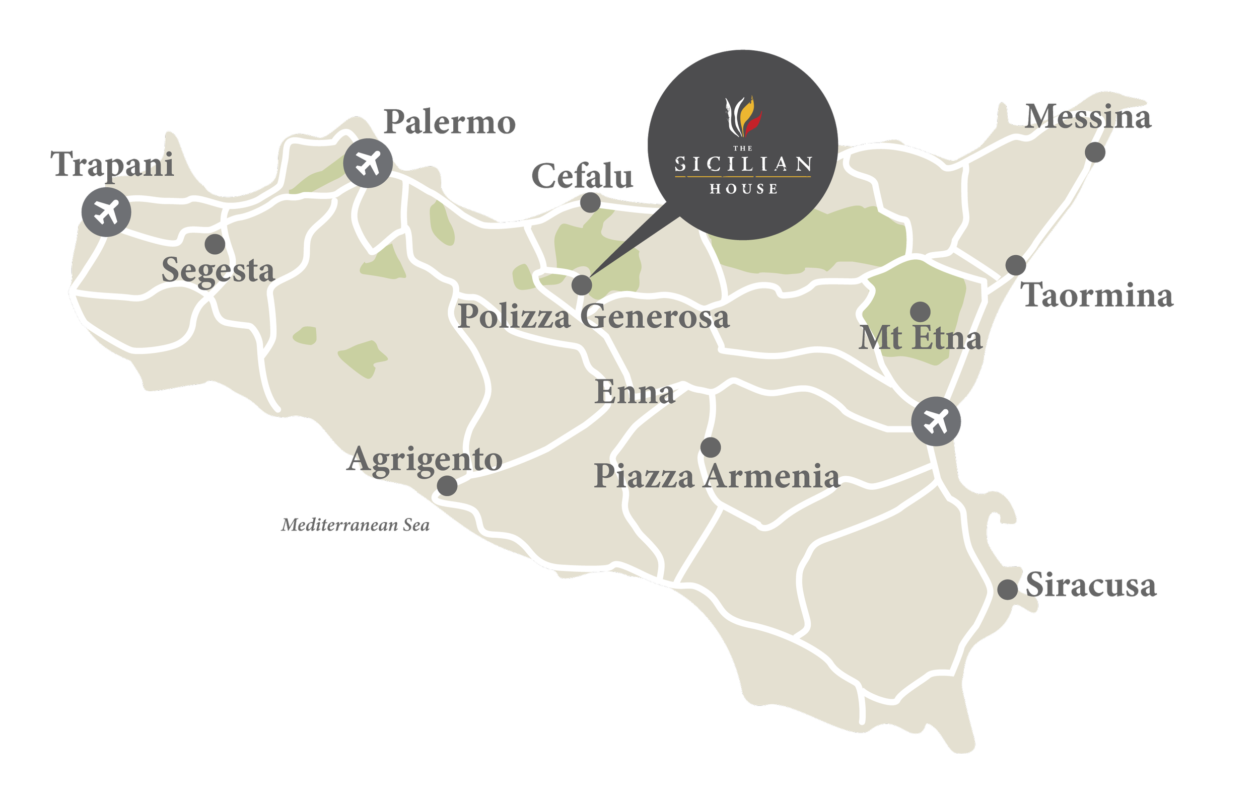Map of Sicily with marked locations including Palermo, Cefalu, Messina, Trapani, Segesta, Agrigento, Piazza Armenia, Enna, Polizza Generosa, Mt Etna, Taormina, Siracusa, and aeroplane icons near Trapani, Palermo, and Taormina. The Sicily House logo is at the top center.