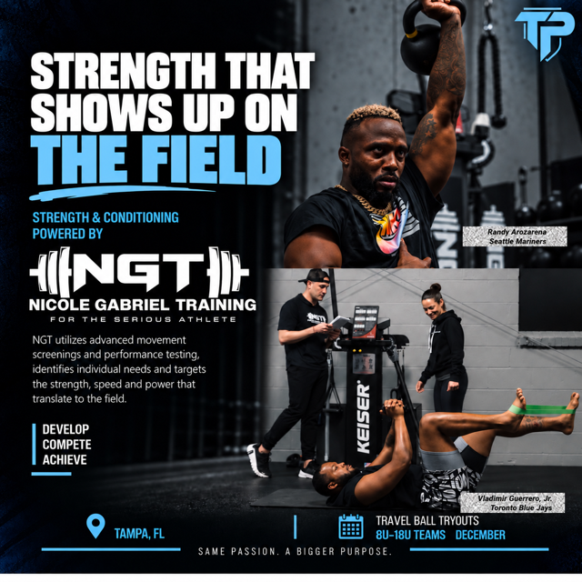 Poster advertising strength and conditioning training powered by Nicole Gabriel Training with images of athletes training in a gym, including one lifting weights on a bench and another using equipment, and text highlighting the training program and location in Tampa, Florida.