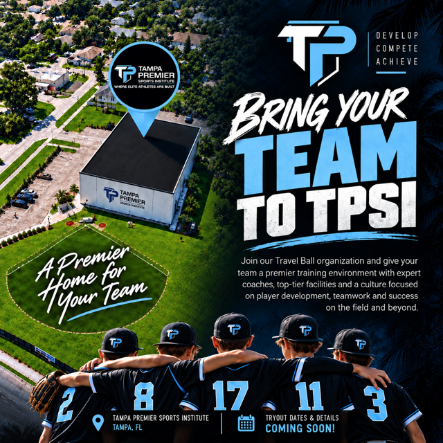 Promotional image for Tampa Premier Sports Institute, showing a drone view of the institute's building and parking lot, with five young baseball players in caps and uniforms with their arms around each other's shoulders, and text promoting bringing a team to the institute.