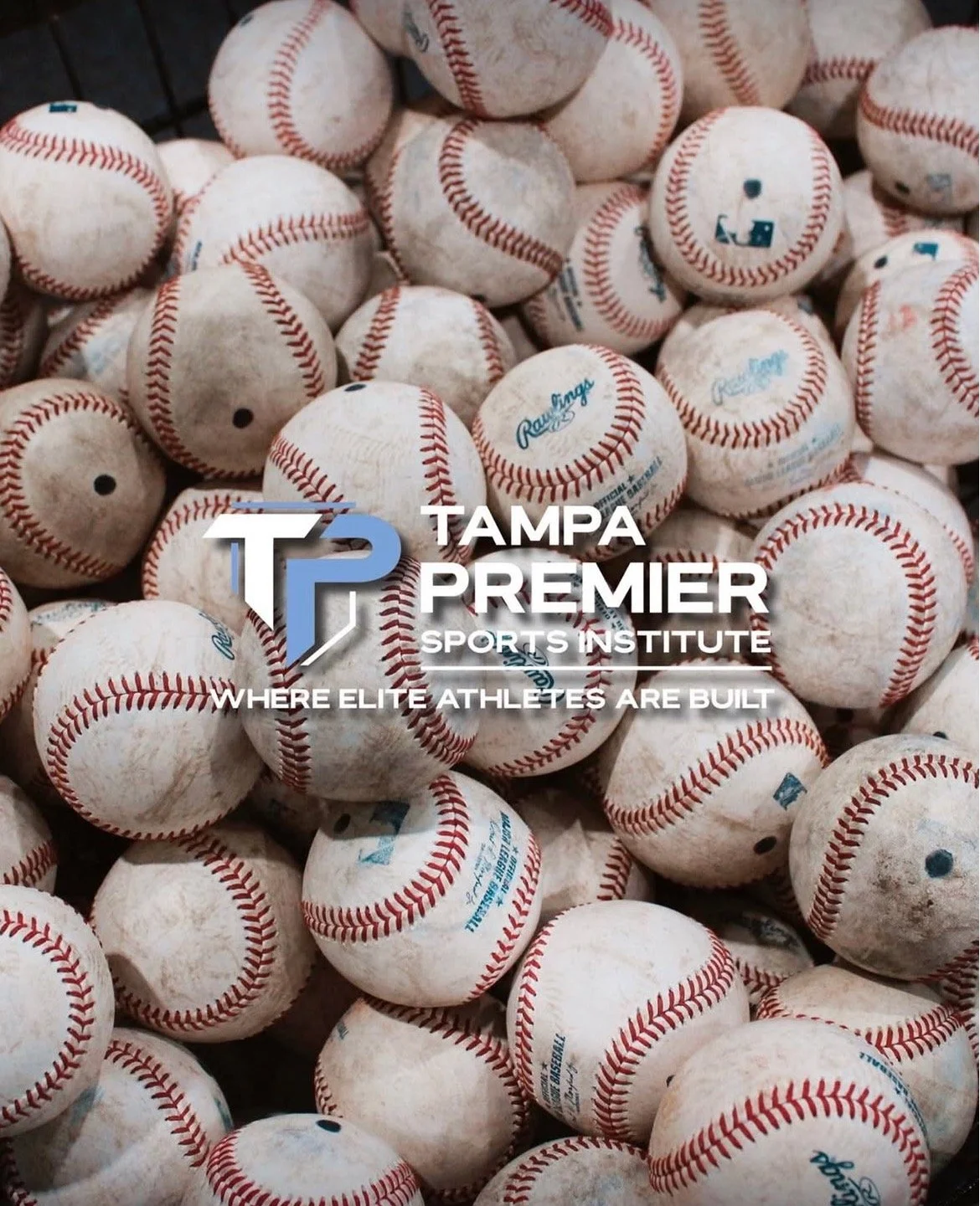A pile of well-used baseballs with a Tampa Premier Sports Institute logo and slogan overlay.
