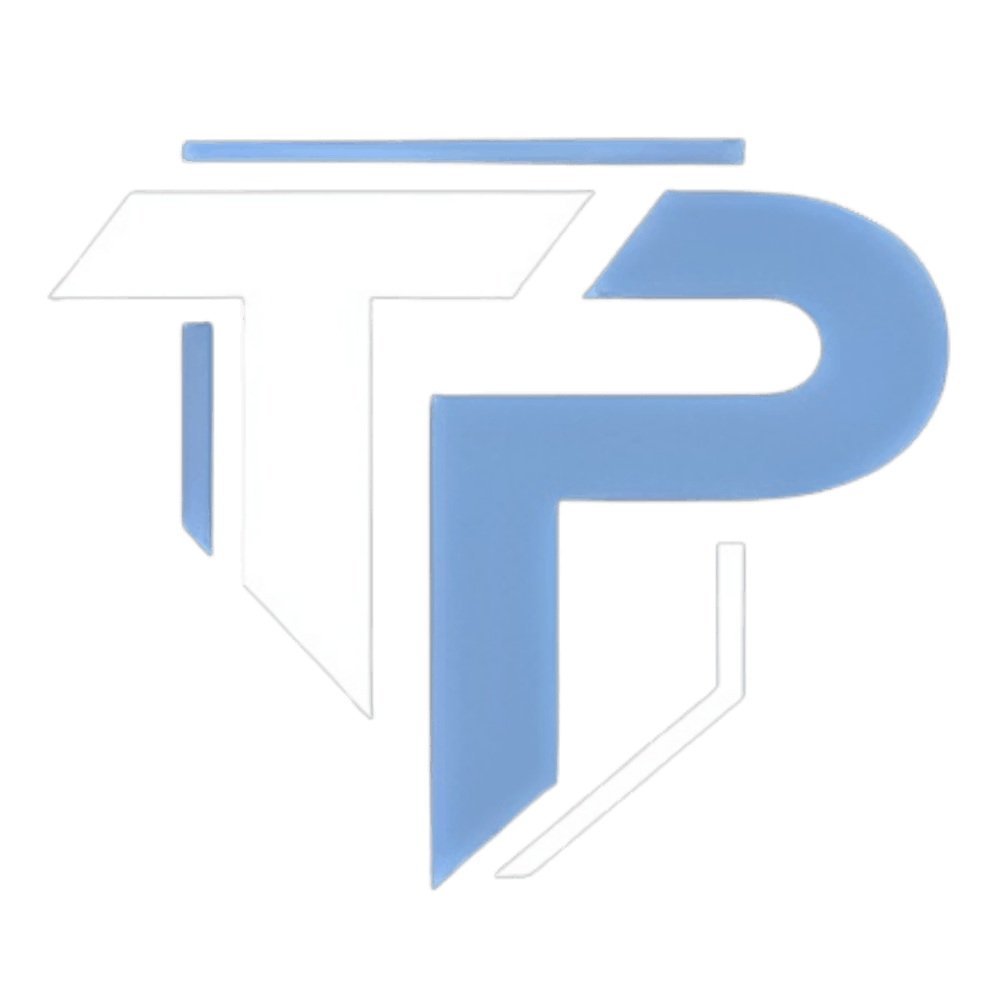 A stylized 3D logo with the initials T and P in white and blue against a black background.