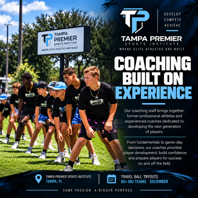 Young athletes practicing drills on a grass field during a training session at Tampa Premier Sports Institute, with promotional text about coaching experience and upcoming travel ball tryouts.