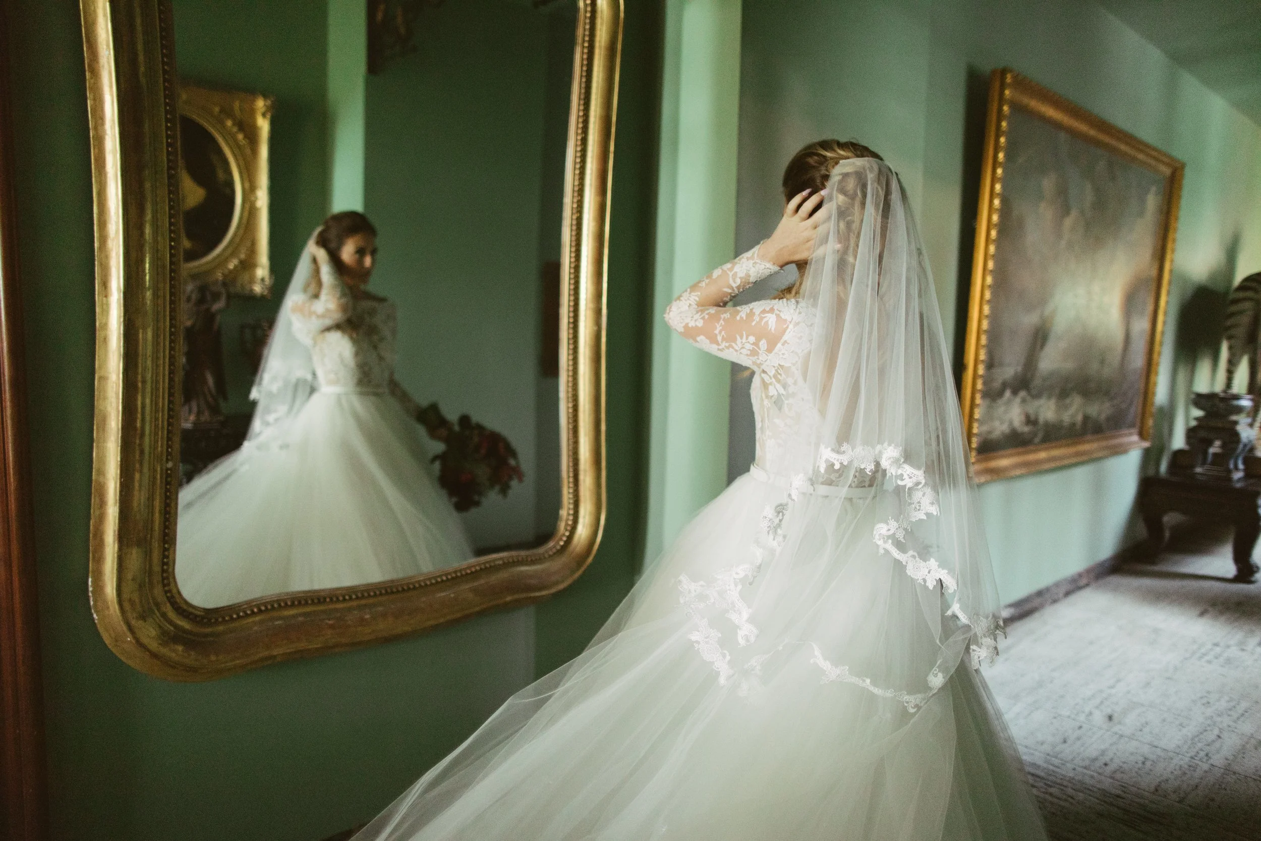 Bride looks in the mirror- - Sun Valley, Idaho Fine Art Wedding Photographer