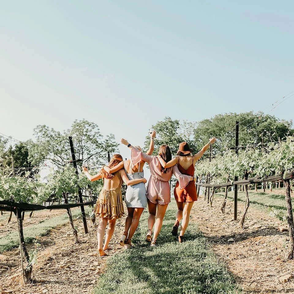 Five women walking through a vineyard, smiling and enjoying the outdoors on a sunny day.