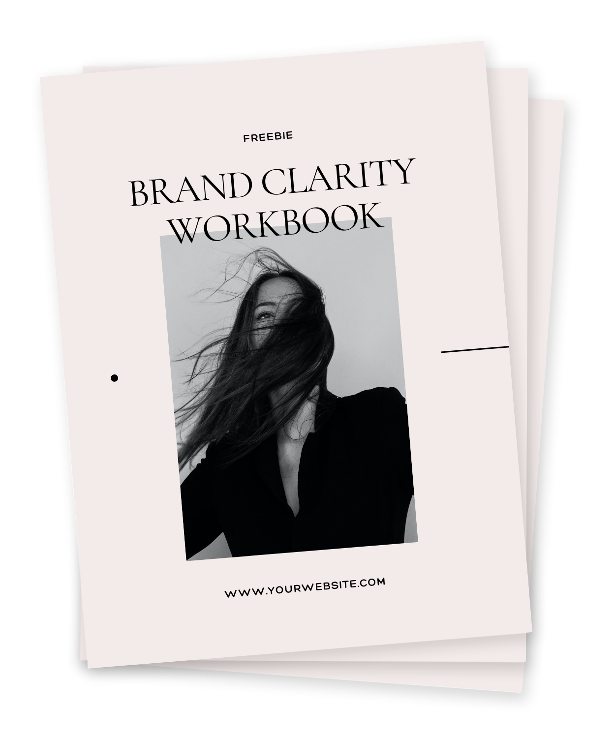 Cover page of a freebie titled "Brand Clarity Workbook" featuring a black and white photo of a woman with long hair covering part of her face, and website URL at the bottom.