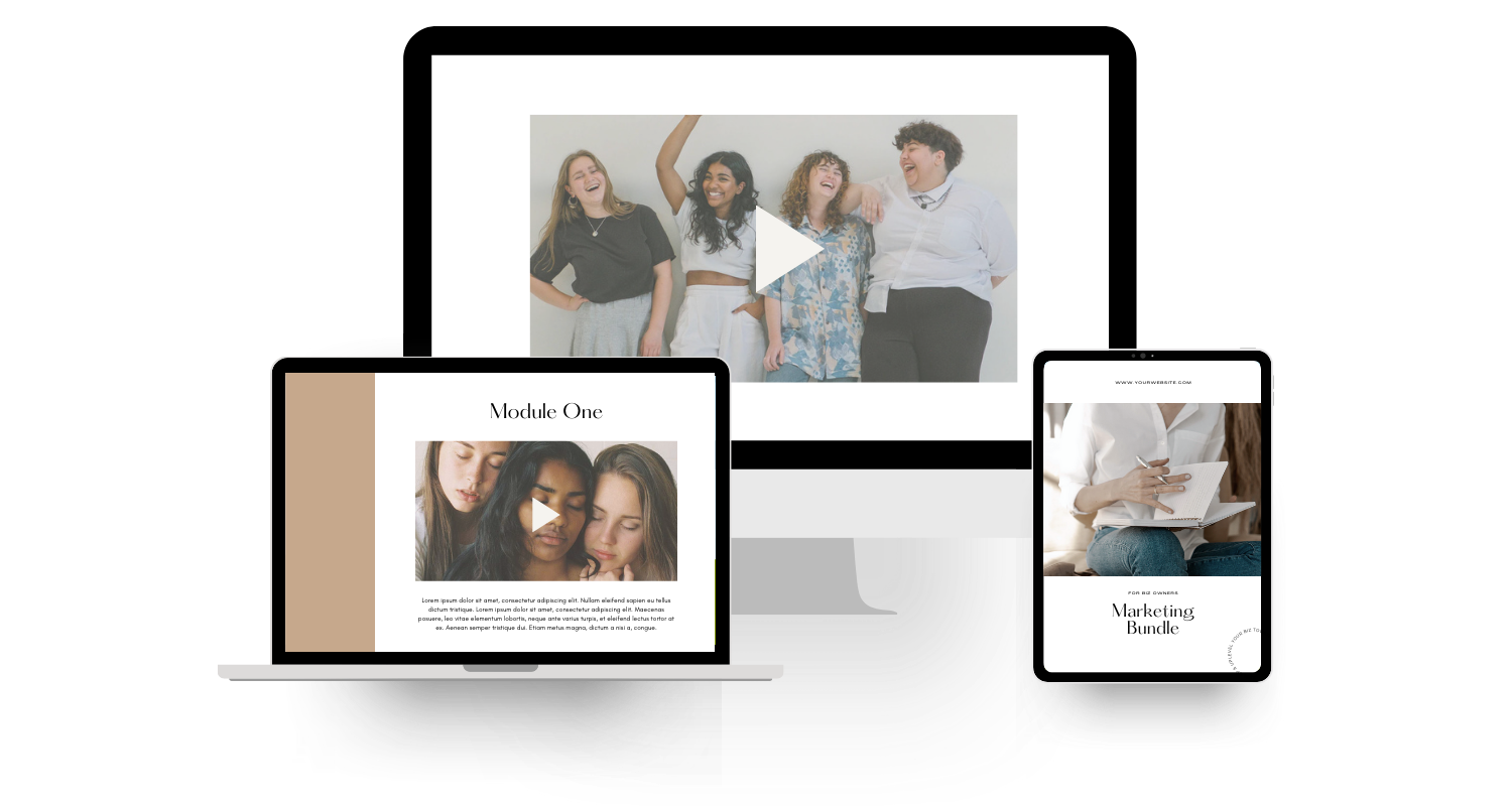 Group of four diverse young adults laughing and talking, with two digital devices showing online courses and marketing content in front of a white background.